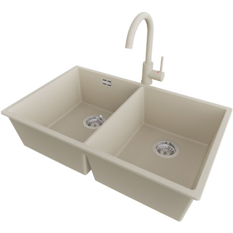 PRIMAGRAN Evier Sous Plan 76x47cm,Evier en Granit 2 bacs + Robinet 32x20cm + Kit de Vidage, Évier au meuble 80cm - London Twin, Beige