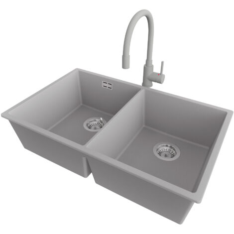 PRIMAGRAN Evier Sous Plan 76x47cm,Evier en Granit 2 bacs + Robinet 38x14cm + Kit de Vidage, Évier au meuble 80cm - London Twin, Gris