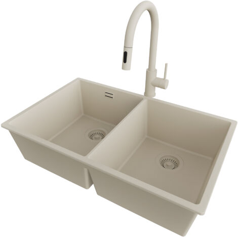 PRIMAGRAN Evier Sous Plan 76x47cm,Evier en Granit 2 bacs + Robinet 40x20cm + Kit de Vidage, Évier au meuble 80cm - London Twin, Beige