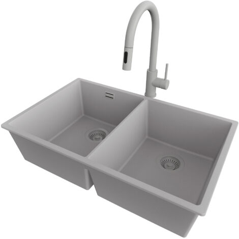 PRIMAGRAN Evier Sous Plan 76x47cm,Evier en Granit 2 bacs + Robinet 40x20cm + Kit de Vidage, Évier au meuble 80cm - London Twin, Gris