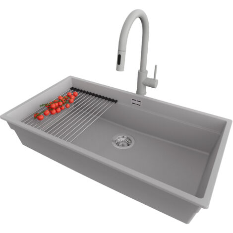 PRIMAGRAN Evier Sous Plan 86x47cm,Evier en Granit 1 bac + Robinet 40x20cm + Kit de Vidage + Égouttoir Enroulable, Évier au meuble 90cm - Prague, Gris