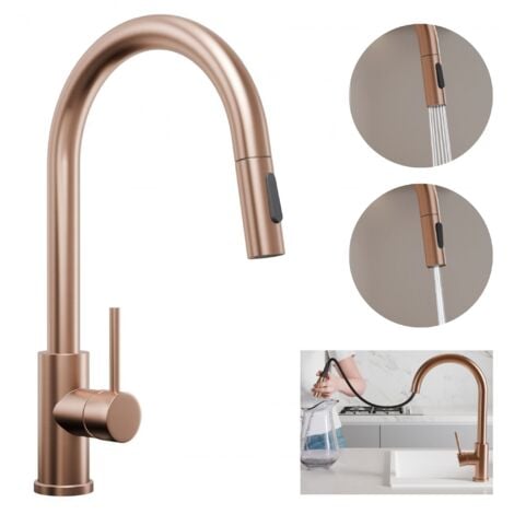 PRIMAGRAN 9010, Robinet d'évier rotation 360°, Robinet haute pression, avec deux types de jet, avec bec rétractable, Cuivre