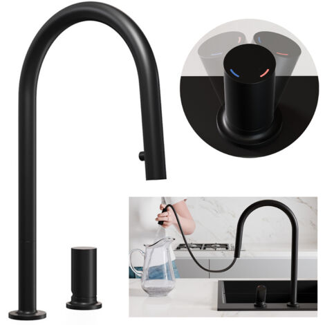 PRIMAGRAN Robinet de cuisine 9050, Robinet d'évier rotation 360°, Robinet haute pression, avec deux types de jet, avec bec rétractable, Noir