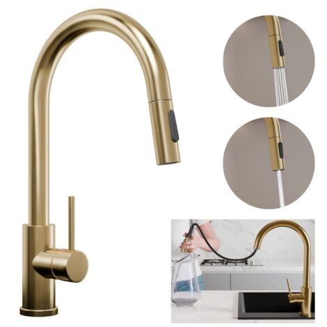 Primagran – Robinet de cuisine haute pression 360° avec bec extractible – 2 modes de jet – Économie d'eau – Acier inoxydable doré