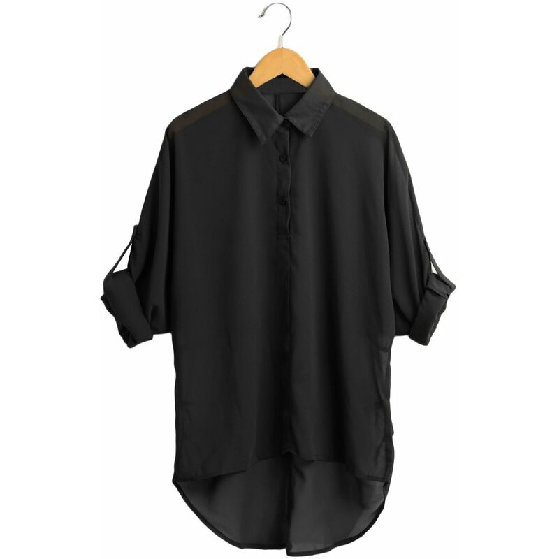 

Primavera mujer blusa camisa de gasa manga larga cuello vuelto asimetrico Casual suelto Top,Negro, S