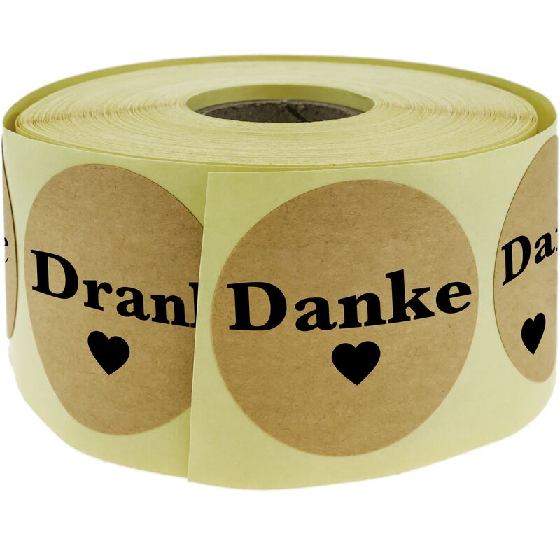 Image of PrimeMatik - Adesivi rotondi di carta kraft Danke 25 mm, rotolo di 500 etichette, colore marrone