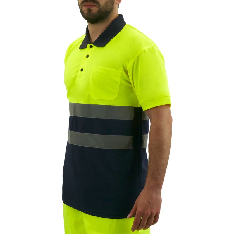 

Camiseta tipo polo de manga corta reflectante amarillo azul para seguridad laboral de talla L - Primematik