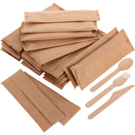 PrimeMatik - Paquet de couverts en bois naturel biodégradable avec serviette, 25 pièces.