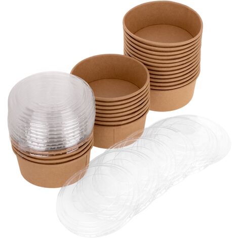 PrimeMatik - Saladiers en carton kraft avec couvercles en plastique recyclable 750mL, 25 pcs.