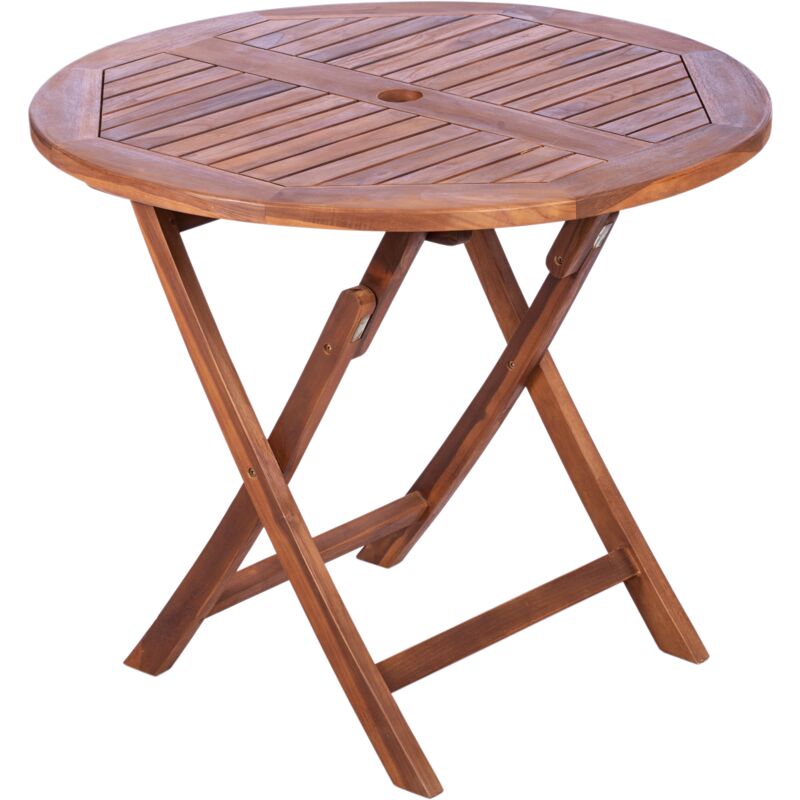 Primematik - Table de jardin pliante ronde 90 cm en bois de teck certifié