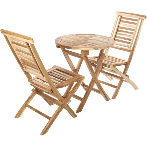 PrimeMatik - Table ronde 66 cm et 2 chaises pour jardin d'extérieur en bois de teck certifié
