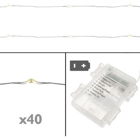 PrimeMatik - Tira de luces decorativas de 40 luces LED IP44 y 8 funciones blanco cálido 3 m a pilas