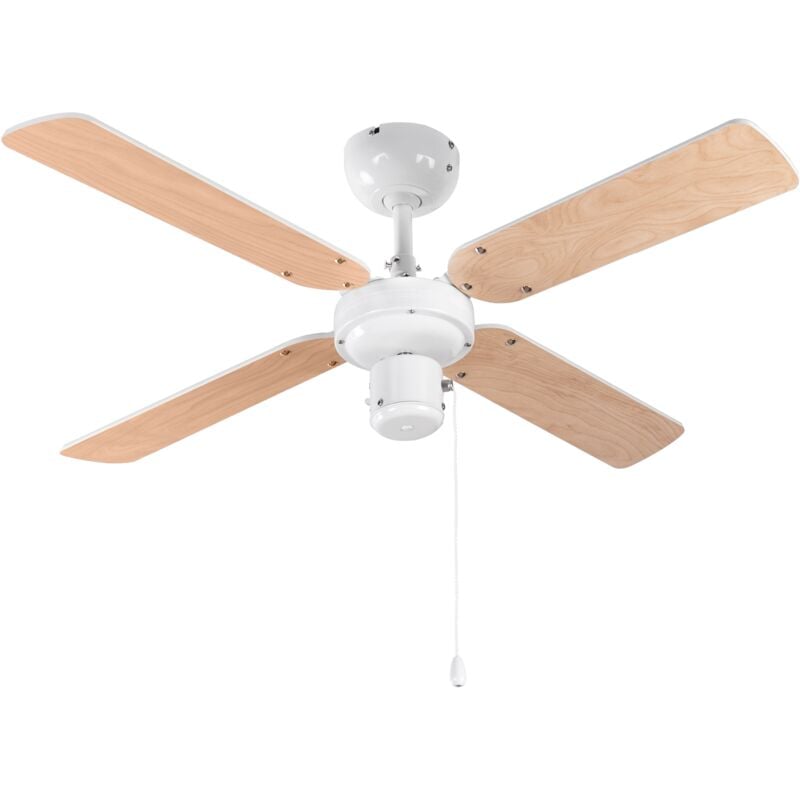 PrimeMatik - Ventilateur de plafond réversible blanc/bois avec commande 3 vitesses 50 W avec fonction hiver et été