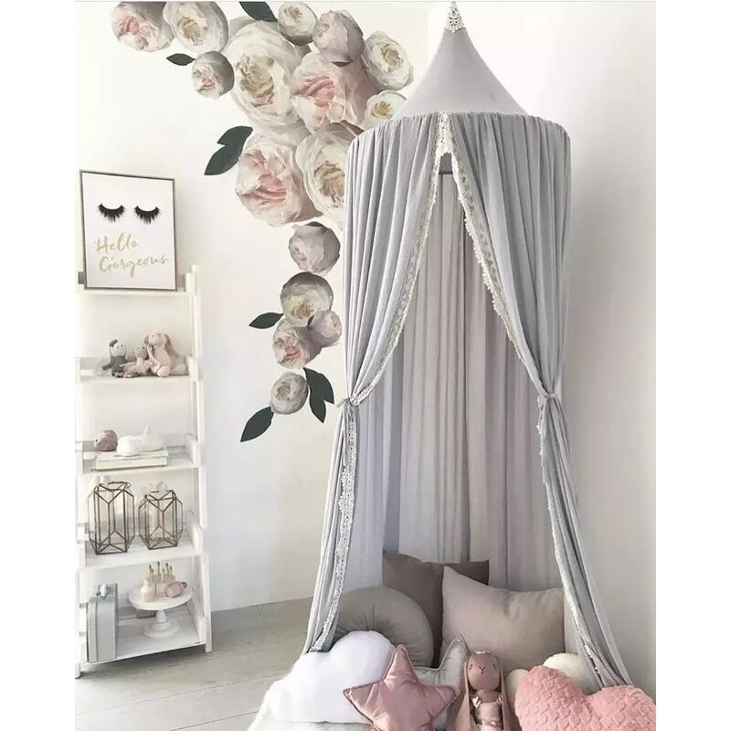Princess Bed Canopy Mosquito Net for Kids Baby Crib, Round Dome Kids Indoor Outdoor Castle Play Tent Grey