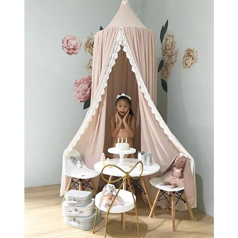 Princess Bed Canopy Mosquito Net for Kids Baby Crib, Round Dome Kids Indoor Outdoor Castle Play Tent Light pink