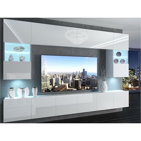 PRINS - Mueble TV + LED - Mueble de pared de estilo moderno - Ancho 300 cm - Pared TV para colgar - Blanco