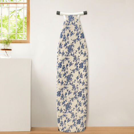 Printed ironing board cover, with drawstring closure and lining, designed to protect large ironing boards (Blue roses)