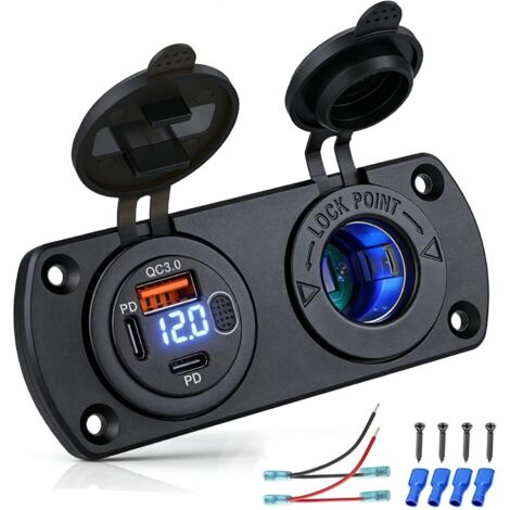 Prise 12V 2-en-1 pour Camping-Car Bateau Voiture, 2X PD 3.0 30W+36W & 1x QC 3.0 18W, avec Voltètre LED Bleu & Interrupteur, IP65 Étanche, Prise Allume-Cigare 150W