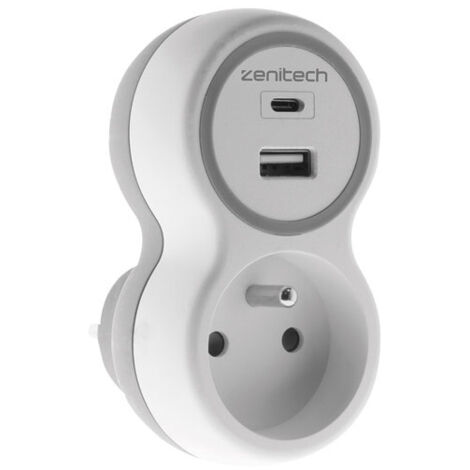 Prise 16A + 2 chargeurs USB A et C blanc gris - ZENITECH