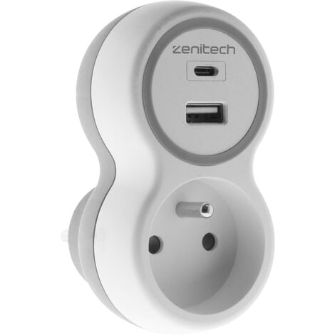 Prise 16A + 2 ports USB A/C - Blanc et Gris - Bolea - Zenitech