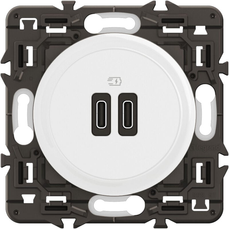 Prise 2 usb Céliane 20W Power Delivery Type-C+C - Enjoliveur Blanc et support - Legrand