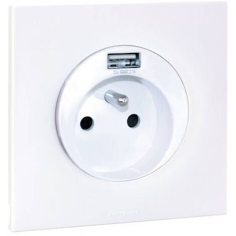 Prise 2P+T 16 A + USB 2,1 A type A complet avec griffes et plaque - SQUARE EASY blanc - Eur'Ohm