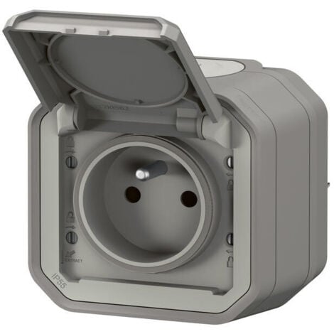 Prise 2P+T 16A saillie étanche grise complete avec éclipses de protection IP55 PLEXO LEGRAND 069731L