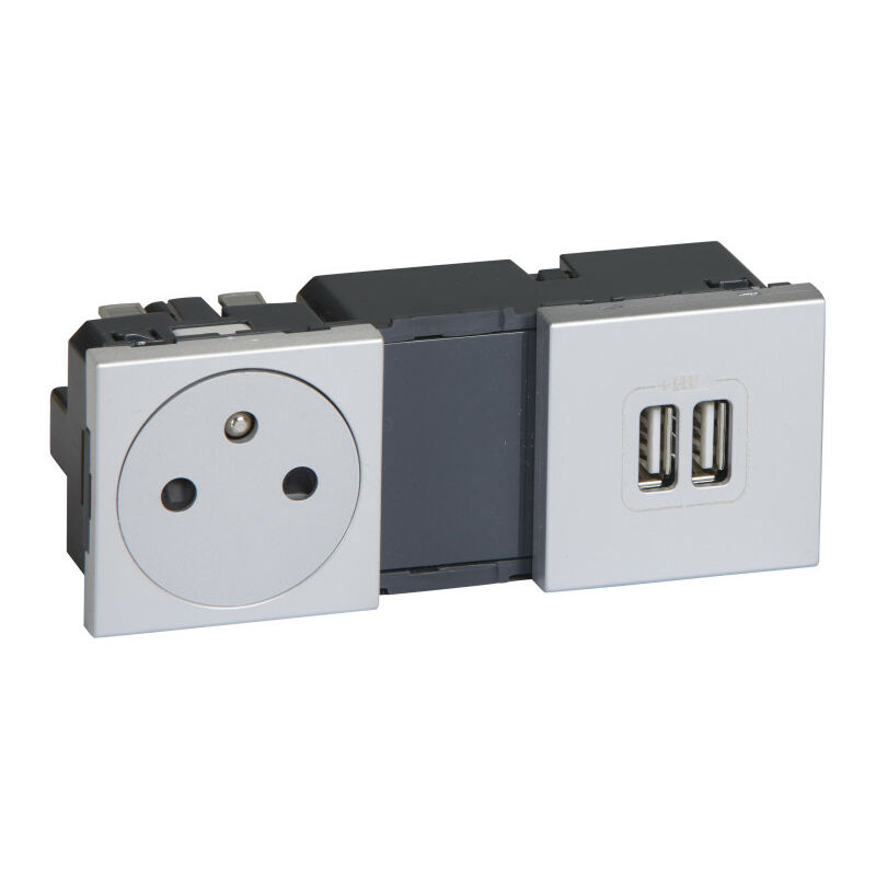 Prise de courant 2P+T Surface + chargeur 2 usb Type a 2,4A 12W Mosaic 2x2 modules 230V ou 5V alu (079395)