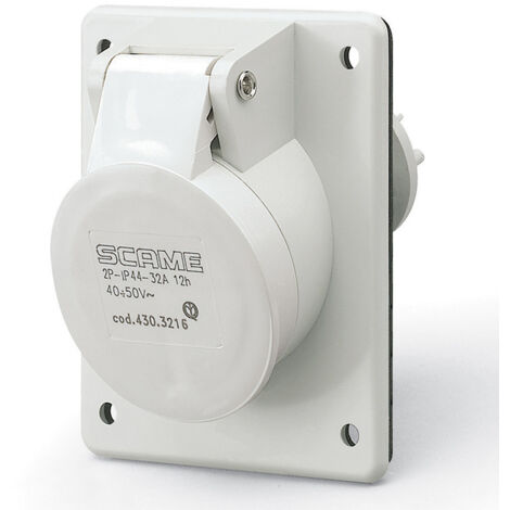 Prise à encastrer 2P 32A femelle clapet blanc 40-50V socle 70x87mm pour coffret 10h étanche IP44 CEI309