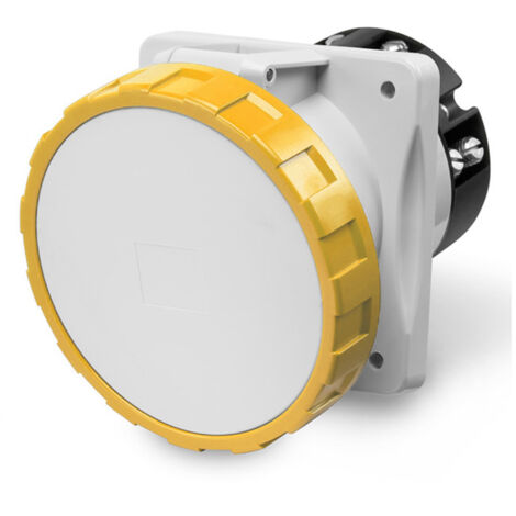 Prise à encastrer 3P+N+T 63A femelle clapet jaune 100-130V 50/60Hz socle 100x110mm pour coffret 4h étanche IP66/IP67