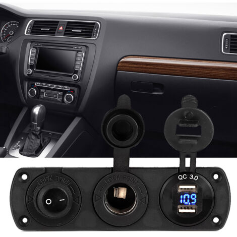Prise allume-cigare 12V avec double port USB, interrupteur indépendant et voyant LED bleu