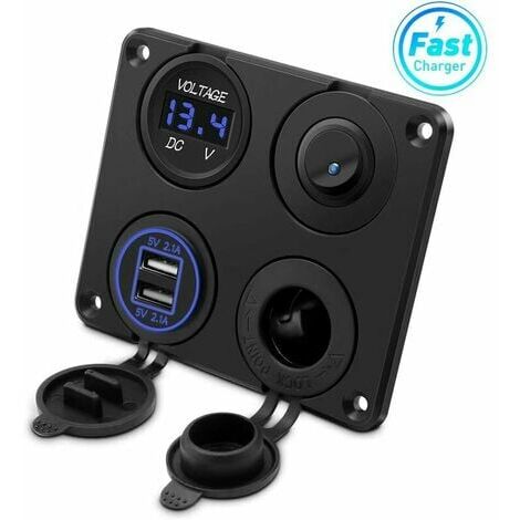 Prise allume-cigare, 4,2 A double ports USB, prise DC 12 V, interrupteur et affichage LED voltmètre étanche chargeur de voiture prise d'alimentation pour voiture 12 V/24 V, marine et marine, moto, cam