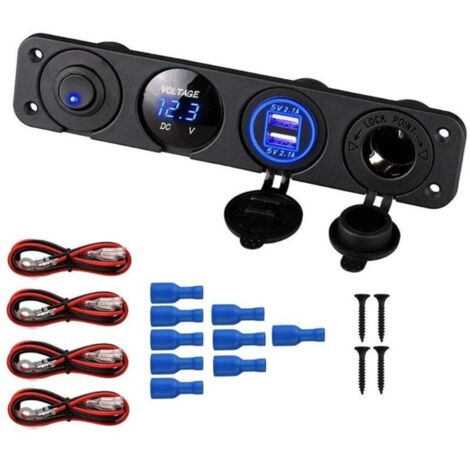 Prise allume-cigare, double port USB 2.1A, prise DC 12V, interrupteur et affichage LED Voltmètre Prise courant chargeur voiture étanche pour voiture 12V/24V, bateaux et marine, moto,ca