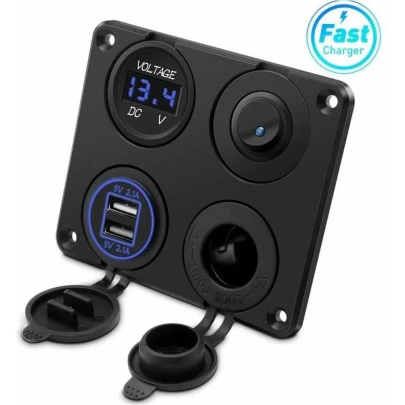 Fitags - Prise allume-cigare, double port usb 4.2A, prise dc 12V, interrupteur et affichage led Voltmètre Prise courant chargeur voiture étanche pour