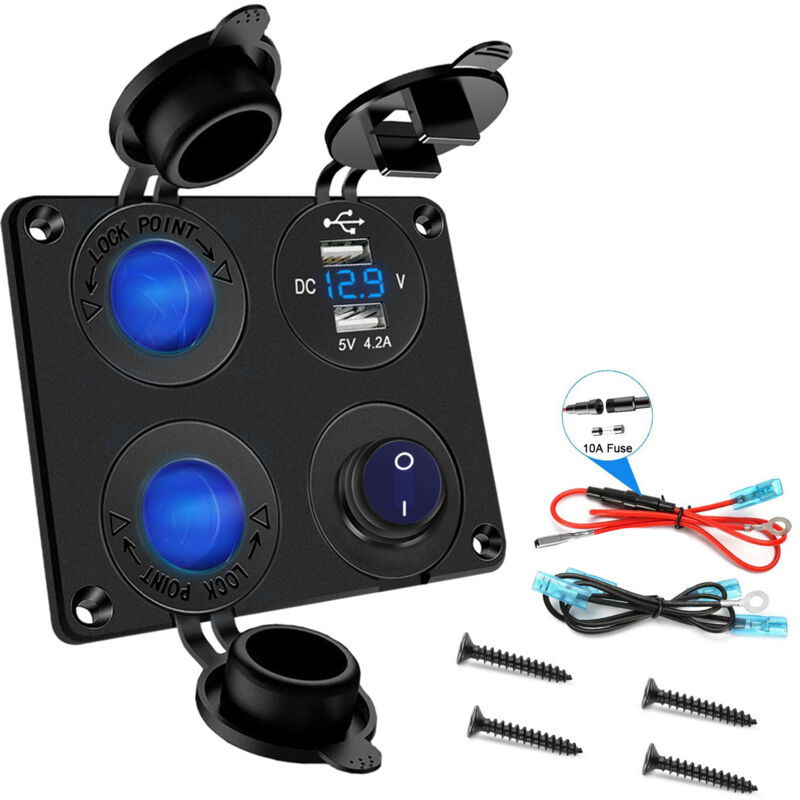 Prise allume-cigare marine étanche 12 V/24 V, panneau de prise de voiture double chargeur USB 4,2 A avec voltmètre LED et interrupteur principal pour