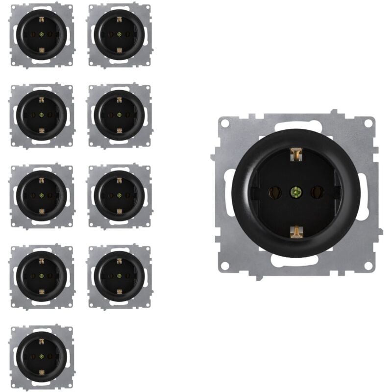 Prise avec terre, bornes à vis (lot de 10) - noir
