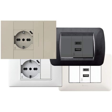 Prise bipasso et schuko 4box P40 avec USB 3.0A Vimar Plana 4B.V14.P40.USB