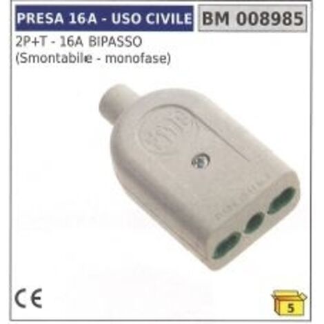 Prise civile 2 pôles + terre - 16A bi-pin amovible - monophasée