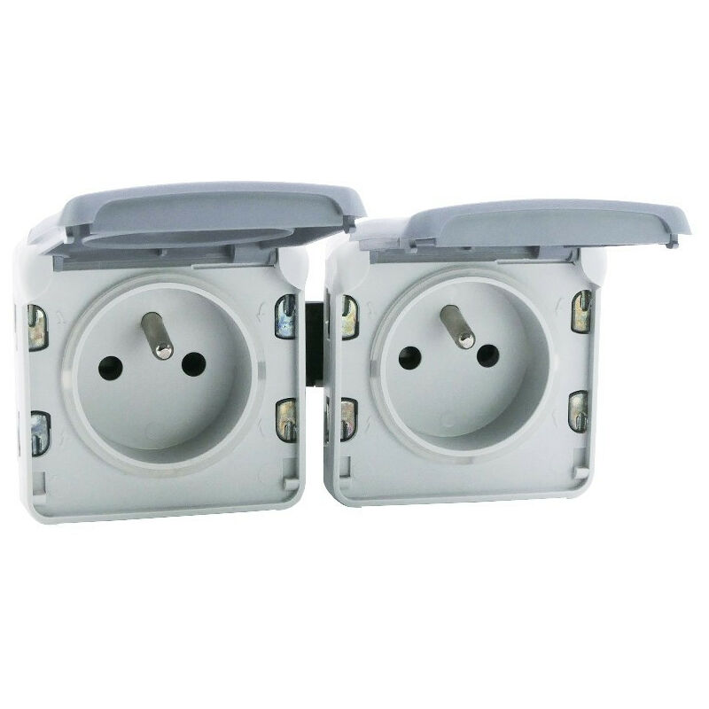 Double prise de courant avec terre précâblée + volet IP 55 Plexo hori. Gris (069934)