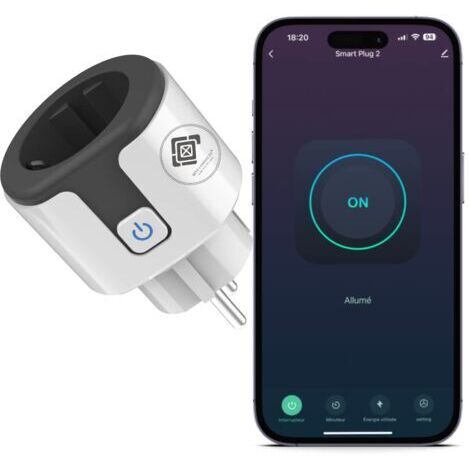 Prise connectée 20 A Tuya WiFi compatible avec Alexa et Google Home, programmable avec compteur d'énergie, commande vocale et télécommande Tuya.