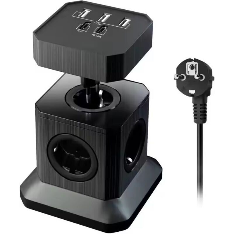 Prise Cubique Multiprise 5 Voies avec Ports USB (3 USB A + 2 USB C) – Multiprise SANPOPO avec Charge Rapide USB C, Câble d’Extension de 2 m,