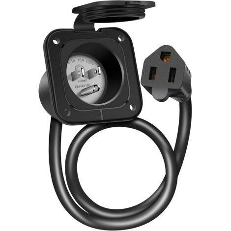 Prise d'alimentation secteur 125 V CA 15 A avec rallonge intégrée, prise à bride 5-15 pour camping-car avec couvercle étanche et arrière, prise de quai 2 pôles 3 fils pour bateau