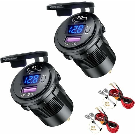 Prise de Chargeur de Voiture USB C 36W QC3.0 USB et PD Type C avec Voltmètre Numérique LED et Interrupteur Étanche pour 12V/24V Voitures Bateaux Moto (2 Pièces)