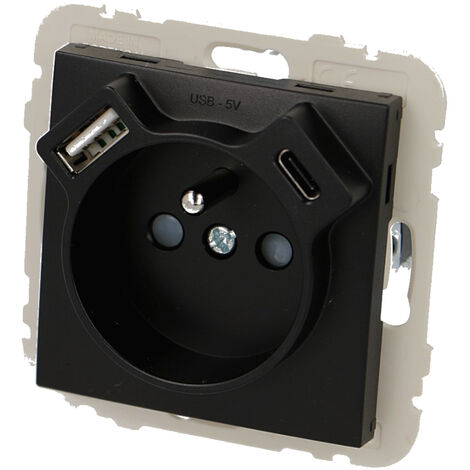 Prise de courant 16A 2P+T noire mat Efapel Logus 90 USB A + USB C