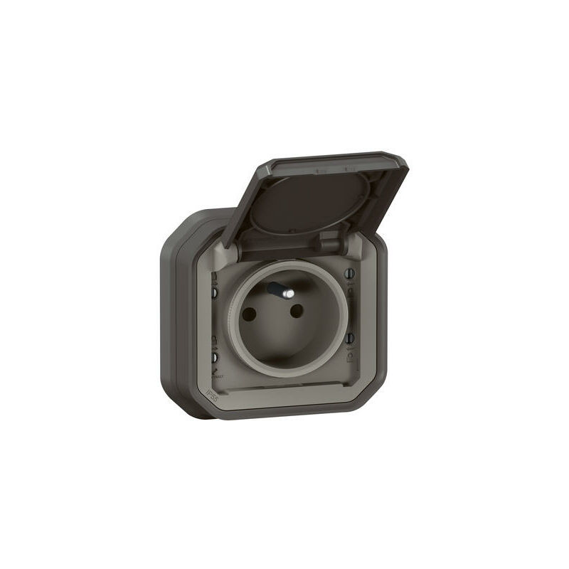 Prise de courant 2P+T étanche Plexo 16A 250V IP55 IK08 livrée complète pour fixation en encastré - anthracite