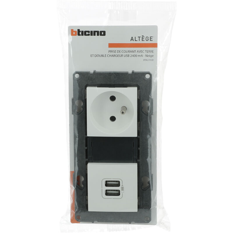 Bticino - Prise de courant 16A + prise 2 usb 2,4A précâblées Altège - Finition Neige