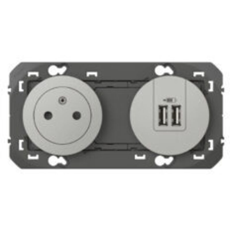 Prise de courant Legrand dooxie 2P+T surface + module de charge 2 usb typea 3A précâblés finition aluminium LEG600442
