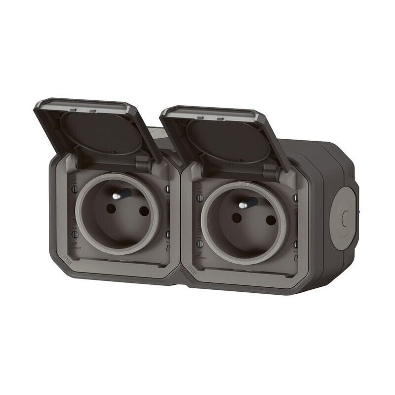 Bloc 2 prises 2P+T 16A saillie étanche anthracite complet précablée IP55 plexo Legrand 069788LL