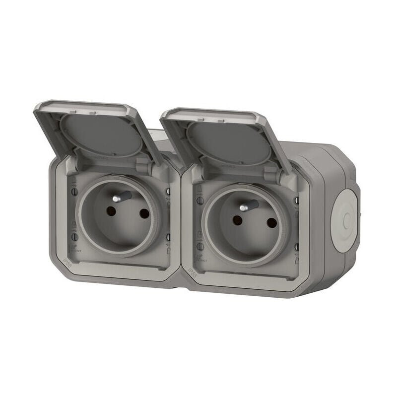 Bloc 2 prises 2P+T 16A saillie étanche grise complet précablée IP55 PLEXO LEGRAND 069768L