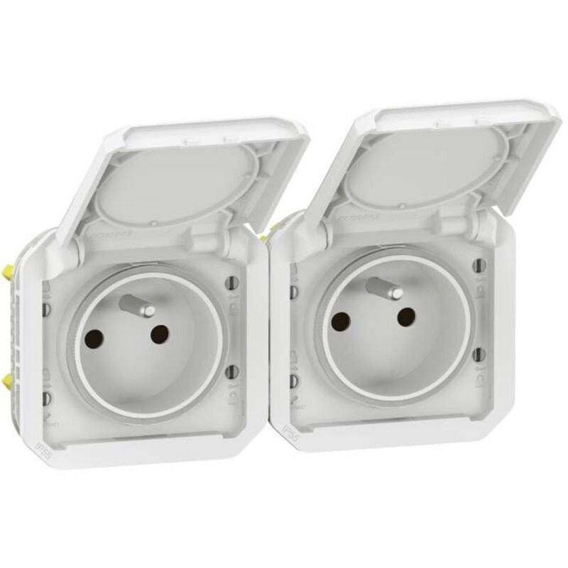 Double prise de courant précâblée 2x2P+T horizontale étanche Plexo 16A 250V IP55 2 postes avec enjoliveurs blanc